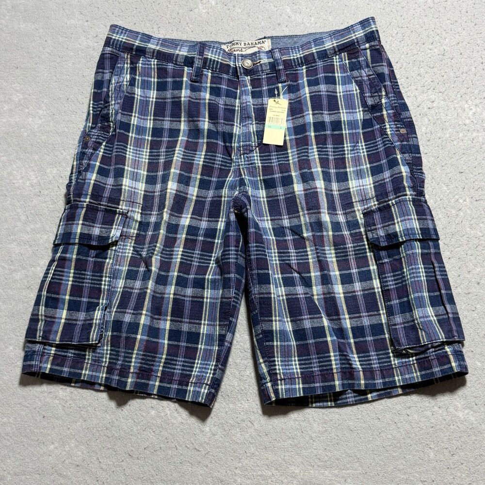 Tommy Bahama Jeans Mens Size 34 Plaid Cargo Snap Button Shorts Relax Beach Golf